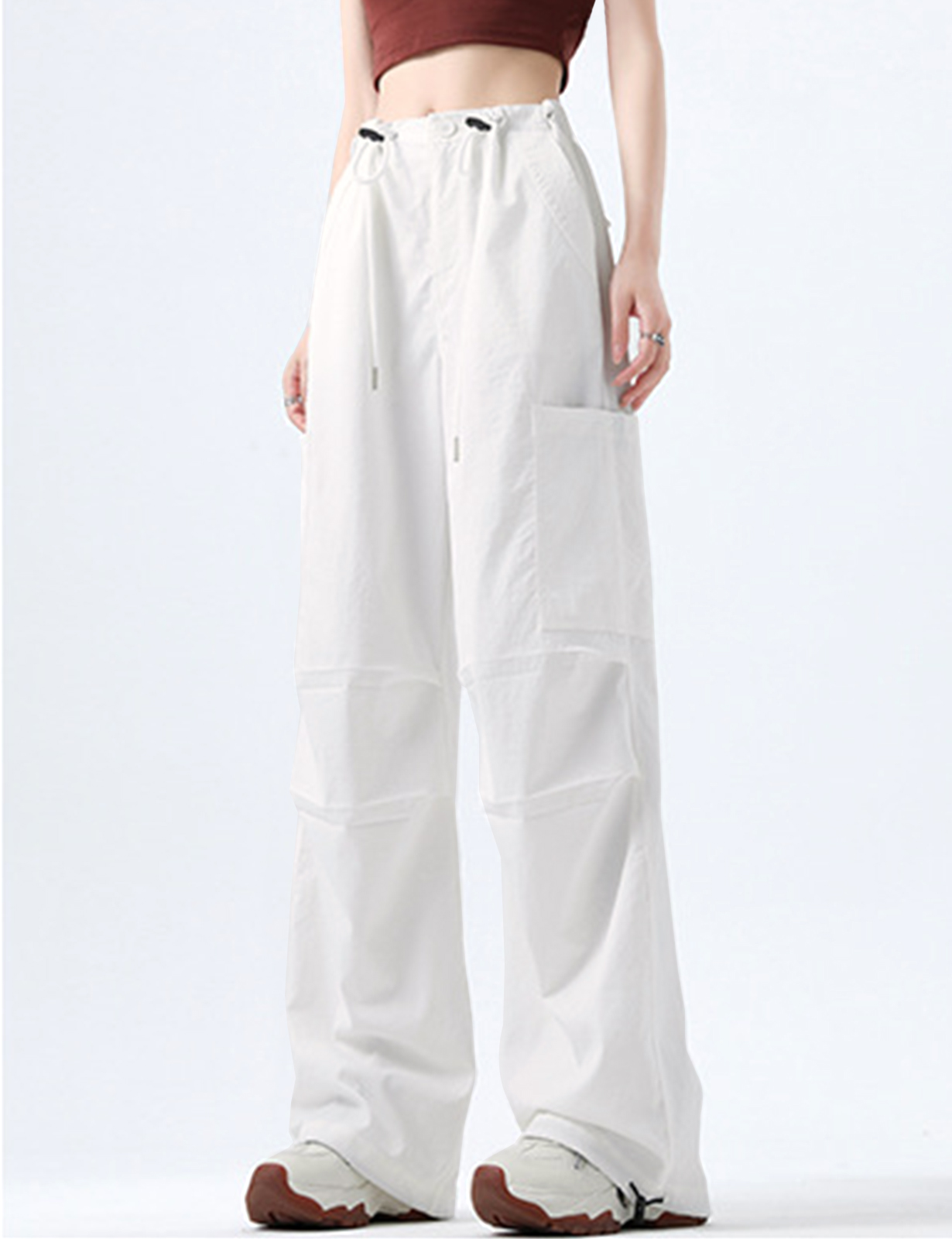 Women's Cargo Pants - Baggy Parachute Pants with Pockets for Everyday Wear, Adjustable Drawstring Waist