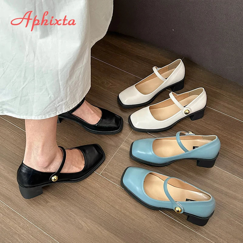 Aphixta Low Heels Mary Janes Square Heels Patent Leather Pumps Shoes Woman Classics Dress Official Pumps Party Plus Size 43 250318