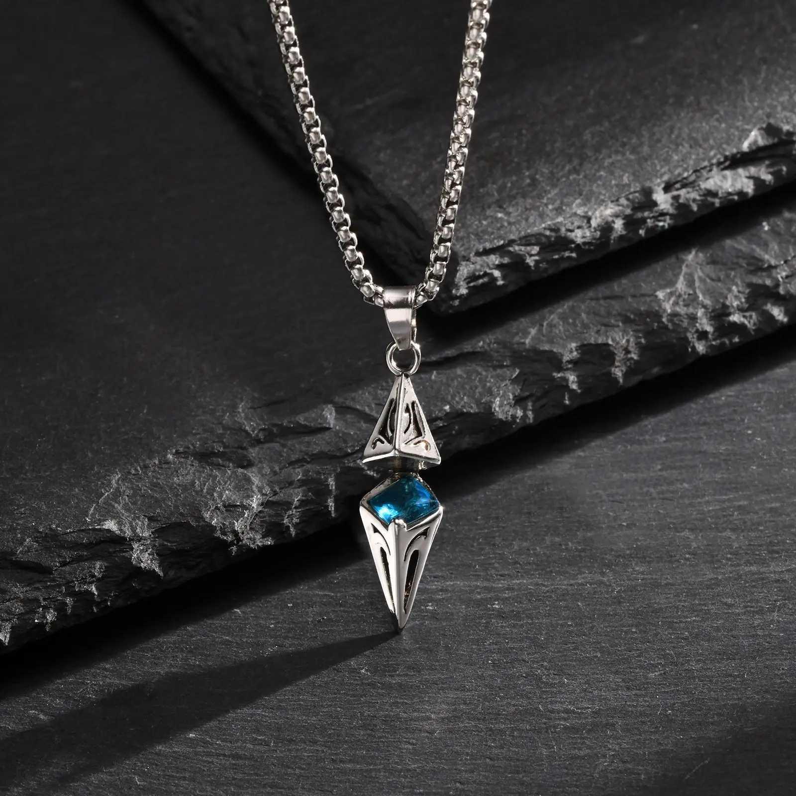 Mens Fashion Blue Stone Necklace Stainless Steel Geometric Pendant Necklace Valentines Day Birthday Party Gift W250318