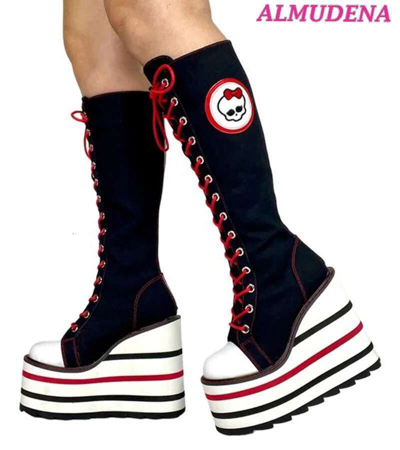 Girl's Y2k Canvas Platform Knee High Boots Colorful Cute Wedges Lace Up Soft Long Boot 2024 New Designer Big Size Lolita Shoes