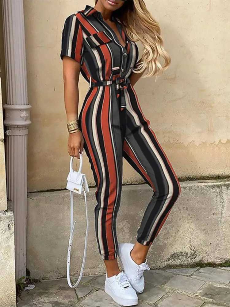 Summer Womens New Fashion Flip Collar Button Print Belt Lace Up Work Dress Casual Capris Jumpsuit Office X2503181