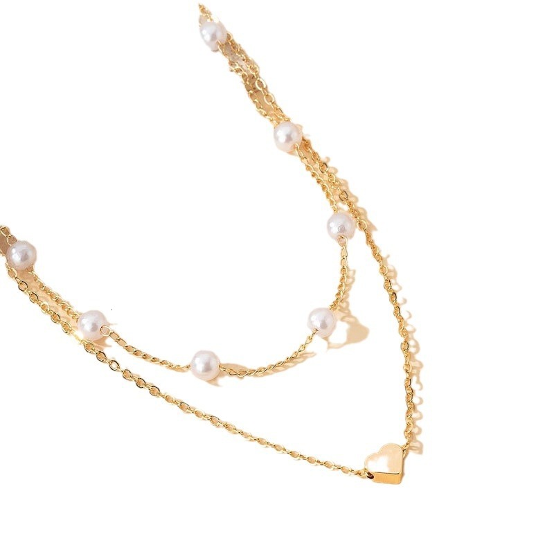 6mm Pearl Chain Love Pendant Double Necklace Women's Multi-layer Choker Collarbone Chain Jewelry