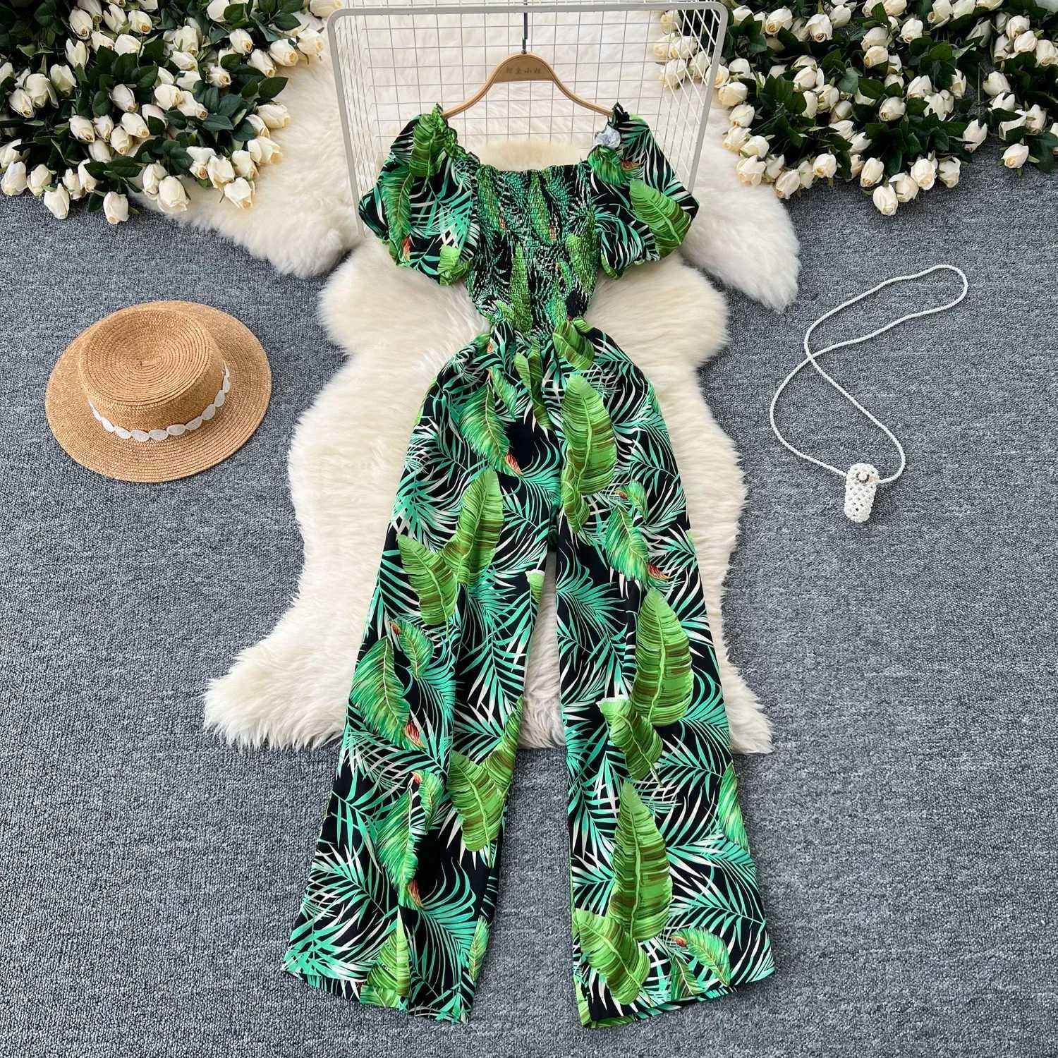 Square neckline loose pleated jumpsuit with pleated edges backless wide leg pants for women elegant and fashionable printed Playsuits X250318