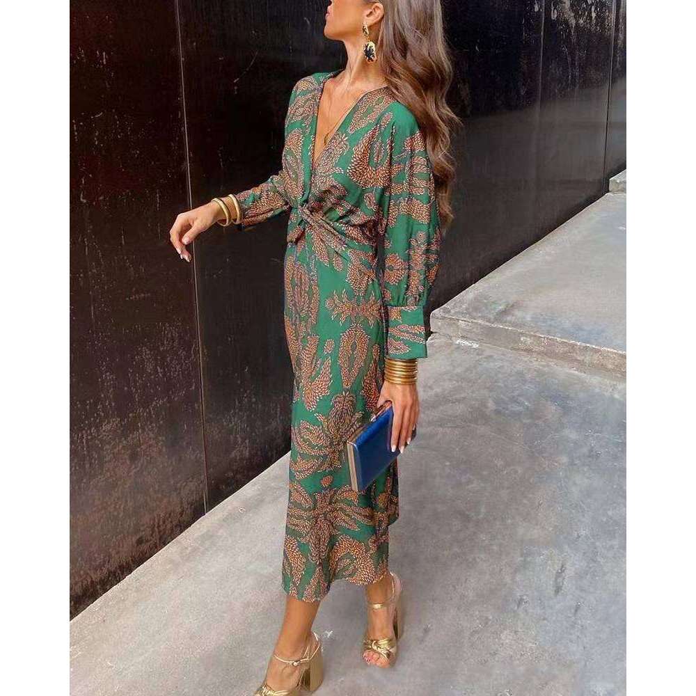 Autumn Printed V-neck Medium length Dress for Women 2025 New Casual Fashion Trendy Clothing