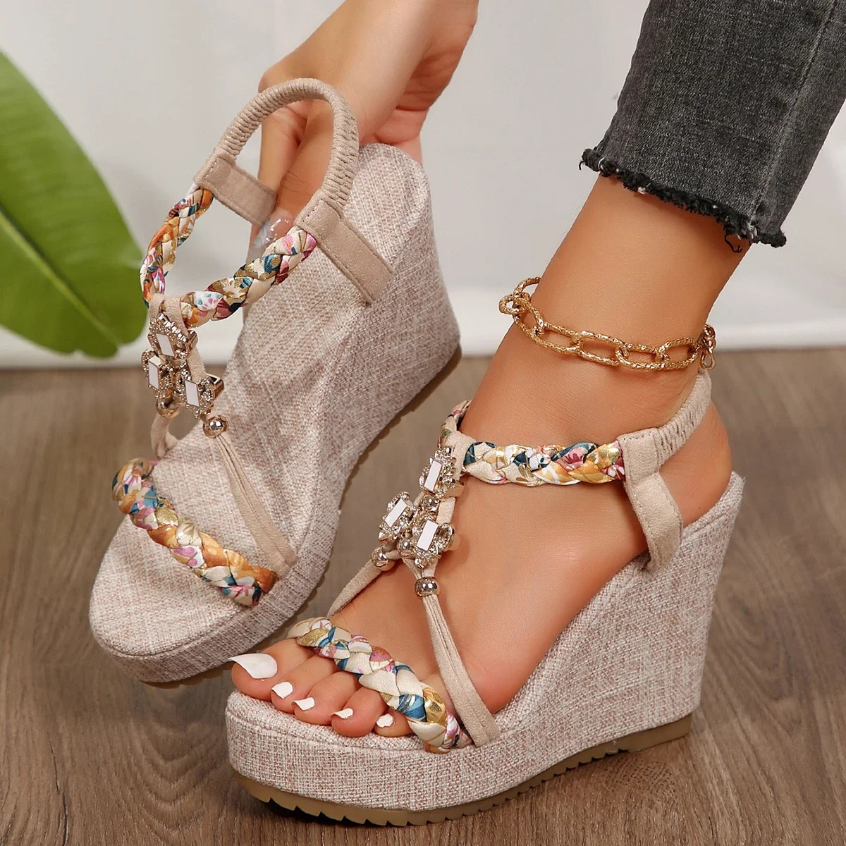 Metal Decor Wedge Sandals for Women Summer 2025 Braided Band Platform Gladiator Sandals Woman Thick Bottom Beach Sandalias Mujer 250318