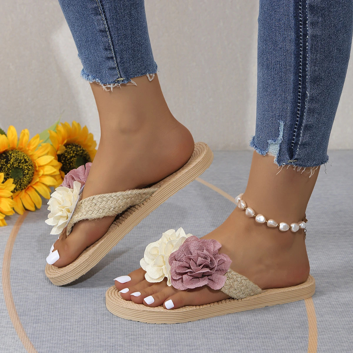 Pink Butterfly Orchid Flower Deco Flip Flops Woman Summer Woven Flax Slippers Ladies Outdoor Beach Boho Floral Shoes 250318