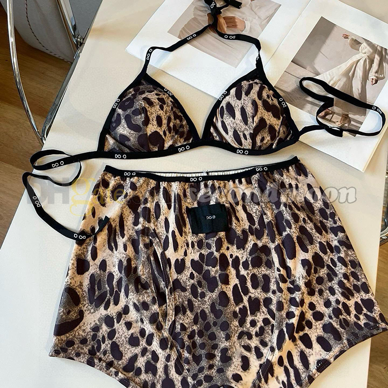Leopard Print Bikini Set Women Designer Swim Wear Summer Breathable Shorts Sexy Halter Bra With Padded