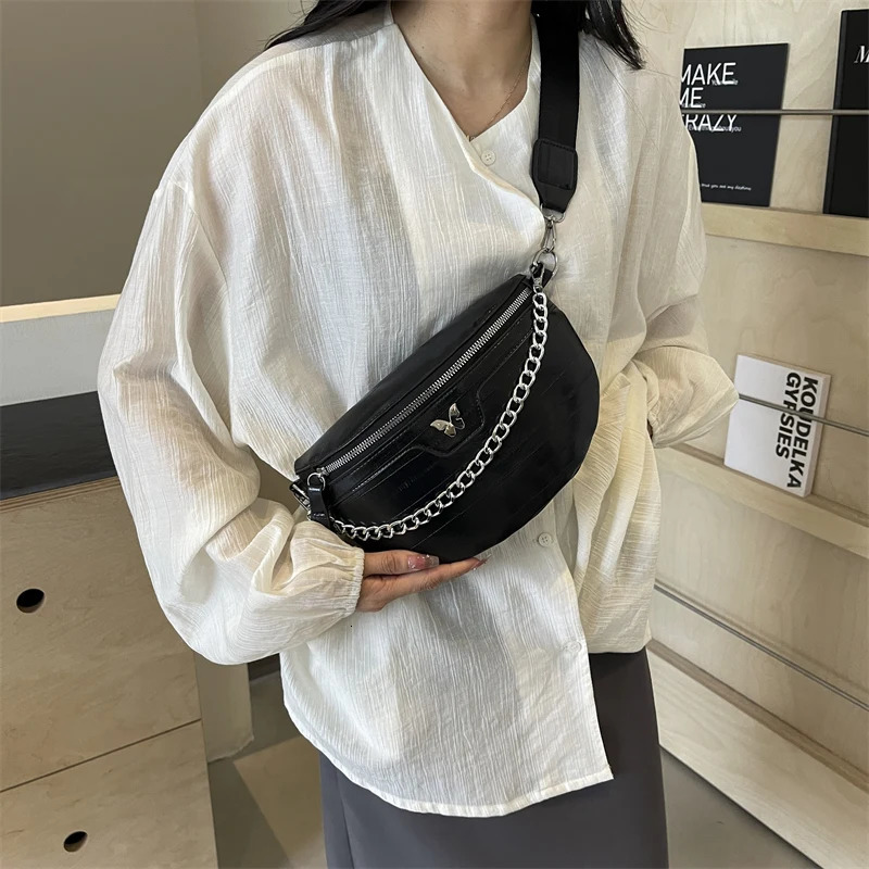 Womens luggage casual banana bag fashionable cross shaped bag womens chain handbag womens waist bag half moon belt bag 250317