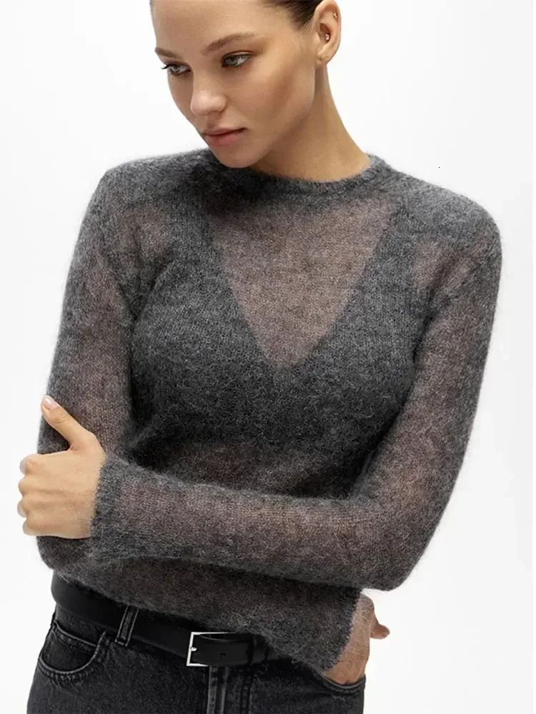 Fashion Solid Long Sleeve Sweater For Women Casual Round Neck Thin Slim Knitted Pullover Autumn Female High Street Jumpers 250318