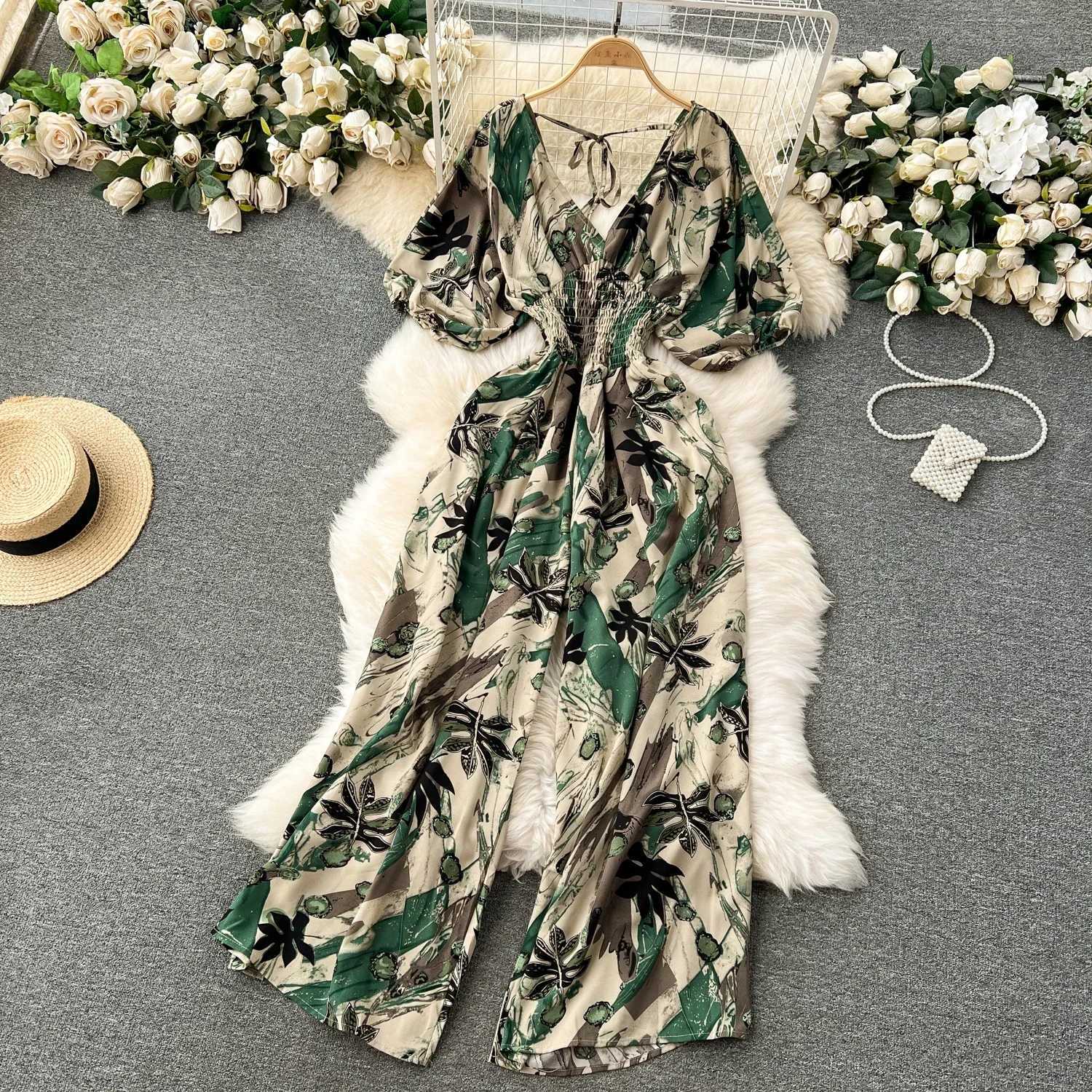 Summer Womens Sexy V-neck Puff Slve Printed Womens jumpsuit Black/Red/Blue/Yellow Wide Leg jumpsuit Resort Beach New Fashion X250318