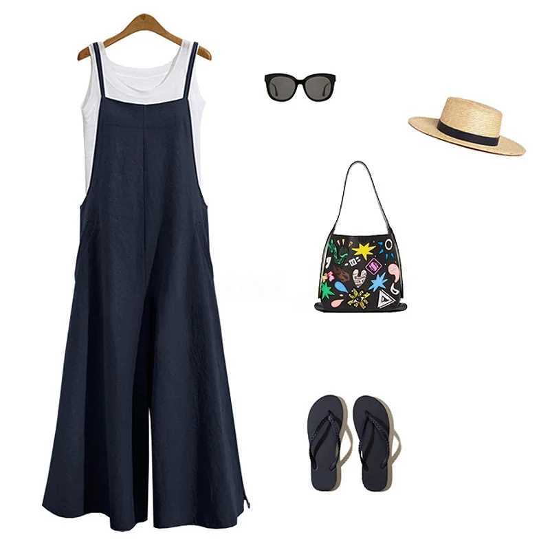 Womens shoulder strap jumpsuit summer solid color wide leg pants Dungar bib cover casual loose cotton linen jumpsuit 5XL X250318