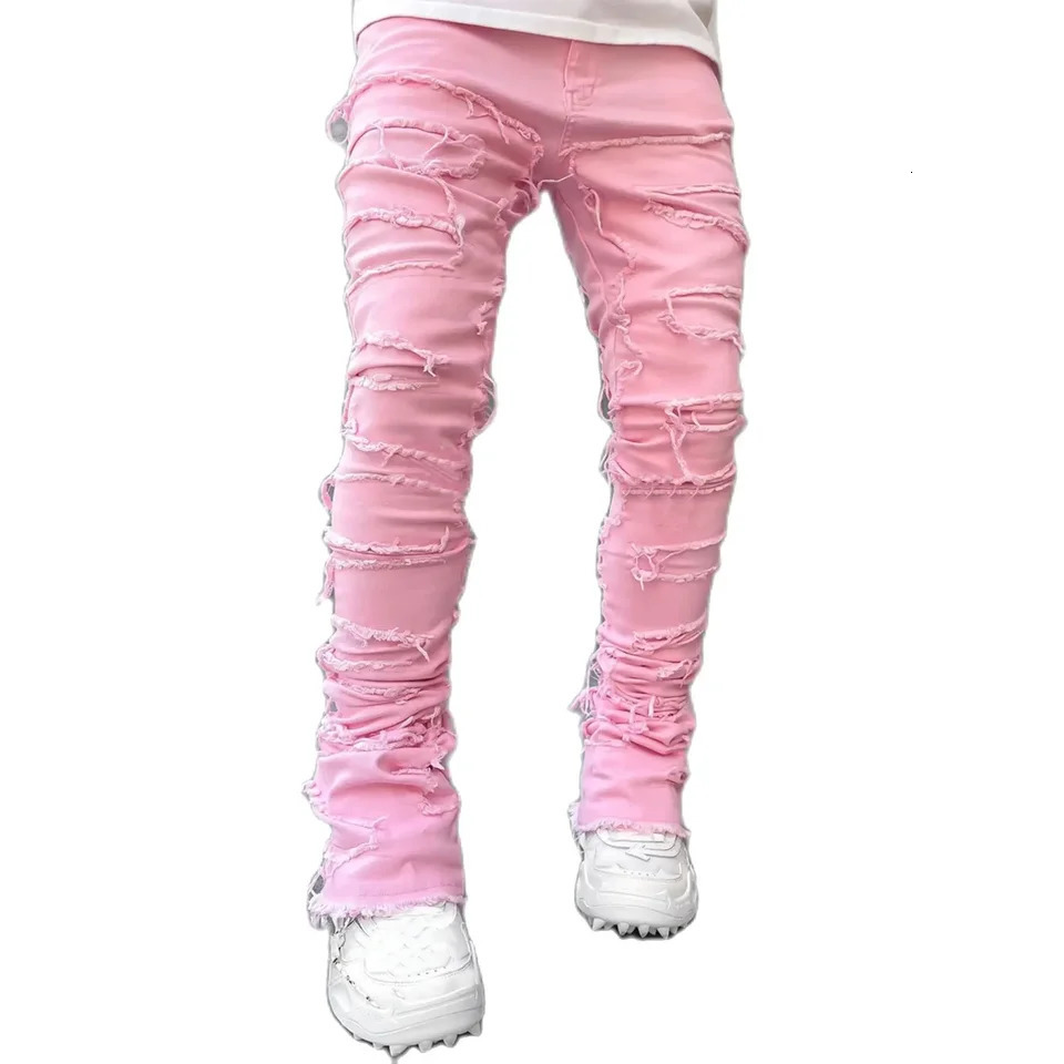 Mens Regular Fit Stacked Jeans Ripped Slim Fit Patch Distressed Destroyed Straight Denim Pants Hip Hop Streetwear Trouser Cloth 250318