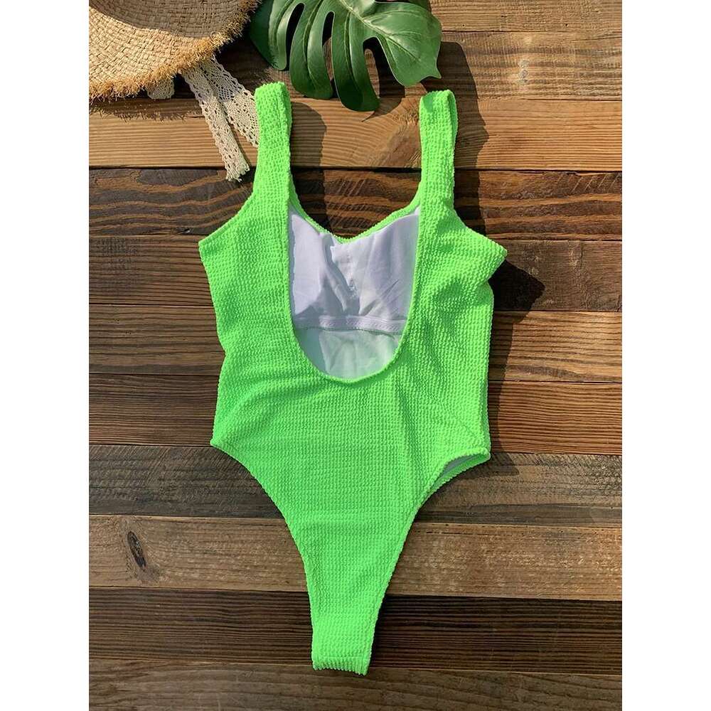 Women's one-piece swimsuit, ribbed, monokini, solid color, neon green, beachwear, new collection, 2024