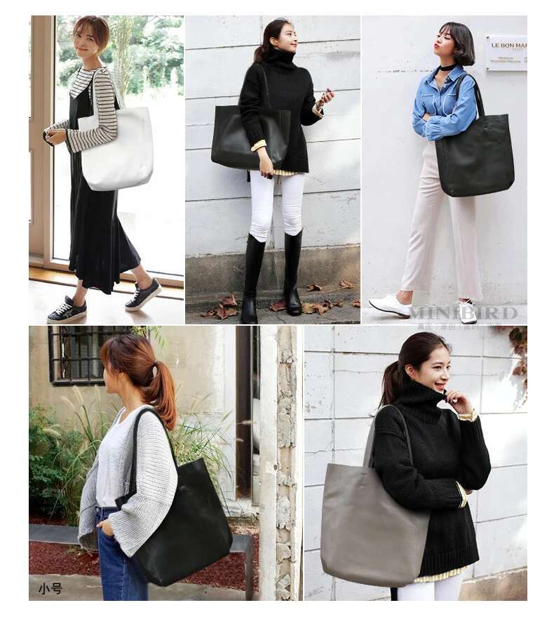 Genuine Women Casual Tote Female Simple Fashion Handbag Lady Cowhide Leather Daily Use Shoulder Shopping Bag