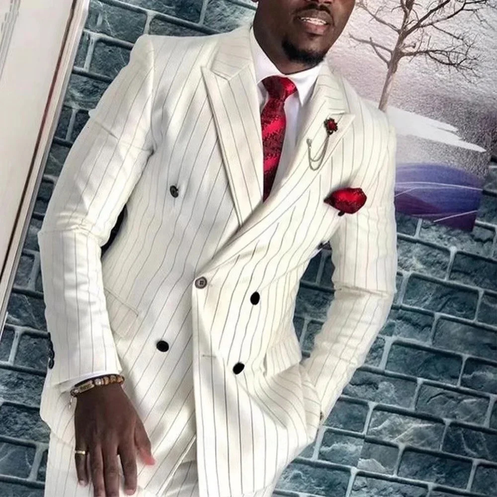 Wedding Suits for Men Stripe Pattern 2 Piece Jacket Pants Formal Full Set Double Breasted Lapel Customized Costume 250224