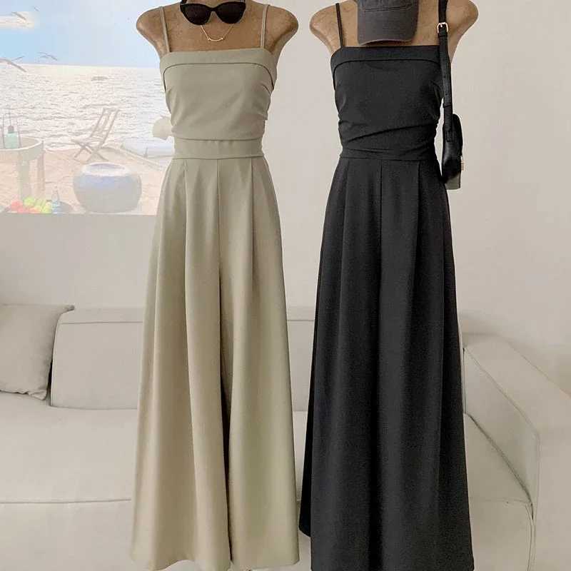 High waisted womens jumpsuit summer Korean loose office womens fully matched wide leg pants summer fashionable spaghetti shoulder strap jumpsuit X2503