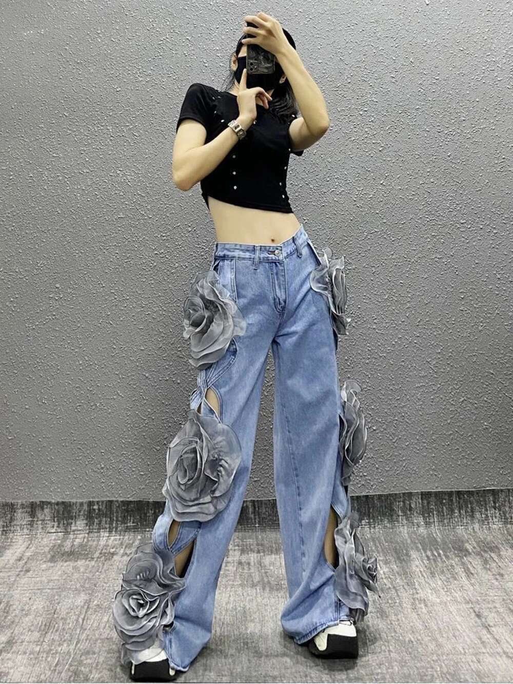 Y2k 3D Wer Ing Hollow Out High Waist Loose Jeans Pants Fashion Women's Wide Leg Oversized Denim Trouser Female Clothes