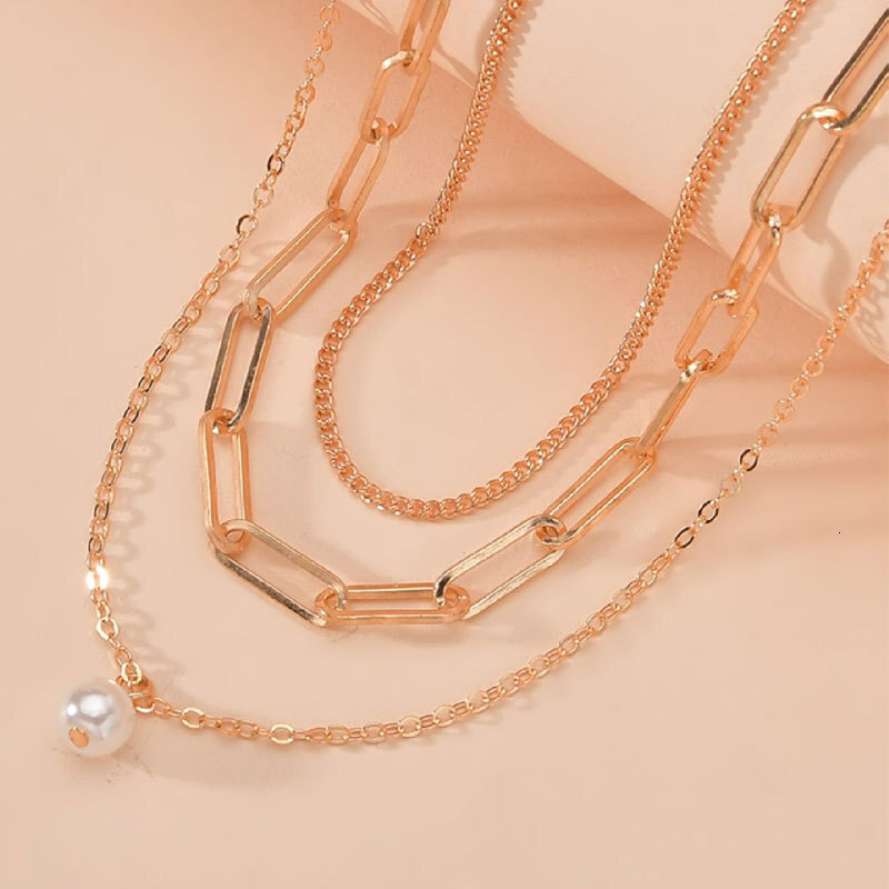 Three Layers Of Metal Chain Imitation Pearl Pendant Necklace Women's Multiple Layers Of Choker Collarbone Chain