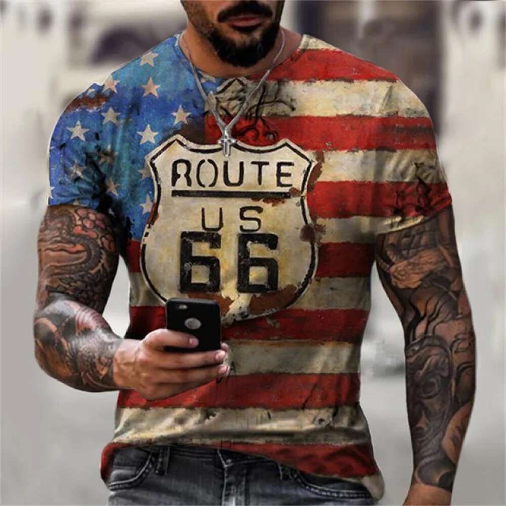 Men's short sleeved t-shirt, streetwear, retro, summer and cool, 3D printed letters, US Route 66