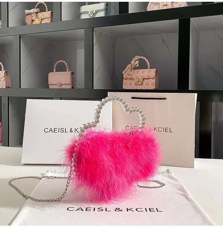 Designer Ostrich Hair Women Handbag Crystal Shiny Rhie Dia Evening Wedding Party Clutch Purse Crossbody Bag