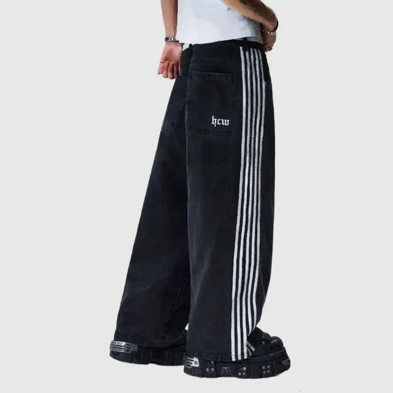 Streetwear Baggy Men Women Y2k Striped Embroidered Simple Casual Jeans Haruku Retro Loose Wide Leg Trousers Unisex Pants