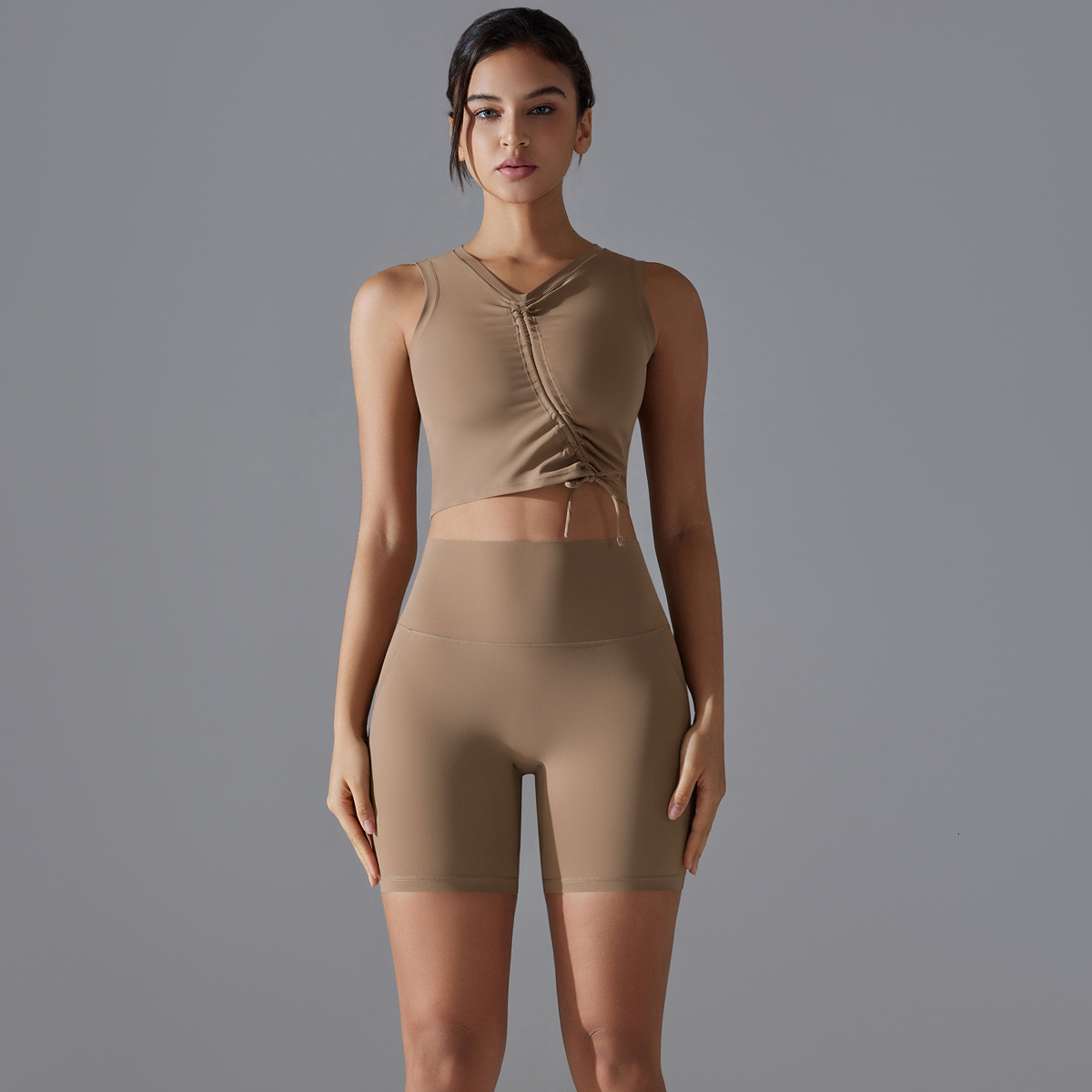 New tracksuit solid color sexy drawstring sports bra suit set, running fitness antibacterial yoga shorts two-piece set leggings