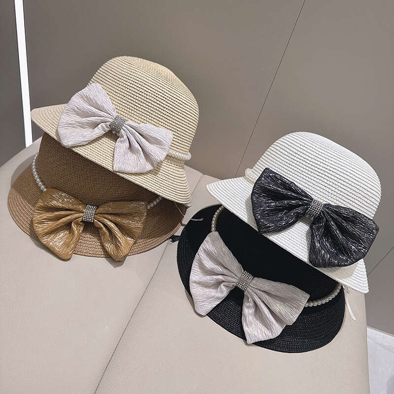 Hepburn style oversized bow water dia fisherman fashionable sun protection and sunshade straw hat, small with eaves pot cap, women's hat