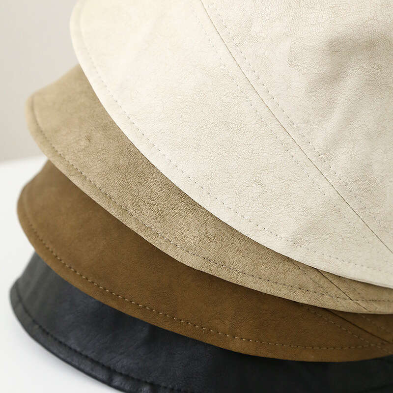 PU leather fisherman for women in spring and autumn, big head circumference, bucket hat, plain covering, face highlighting, small basin hat