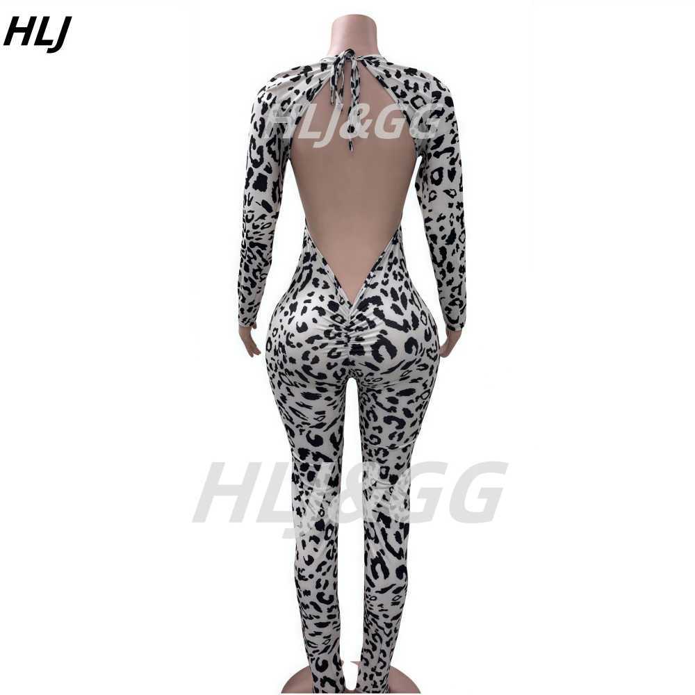 HLJ sexy backless lace Up Leopard Bodycon jumpsuit womens O-neck long Sleve leggings one-piece Playsuits fashion set X250318