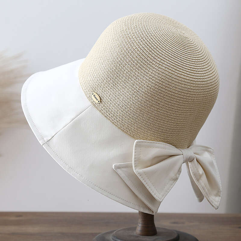 Fashion bow fisherman spliced grass woven thin sunshade women's summer protection beach sun hat