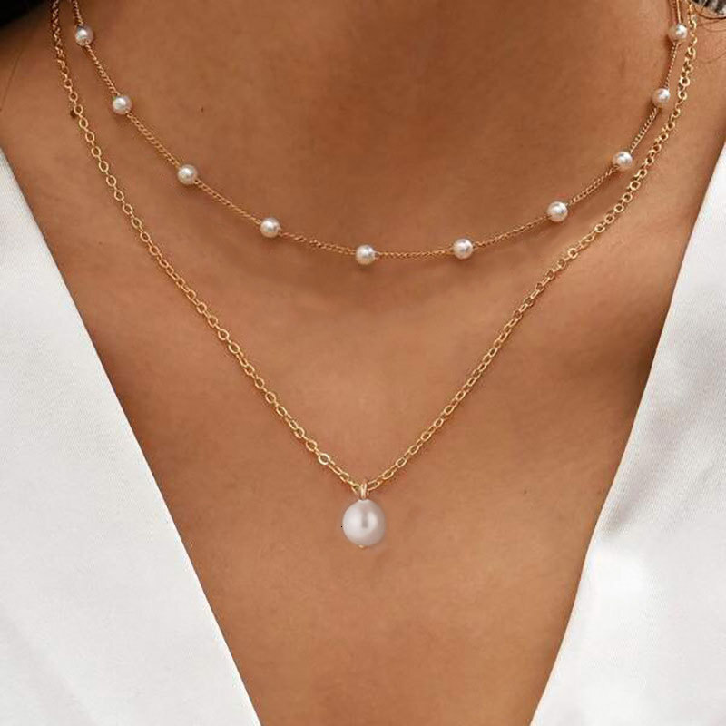 Imitation Pearl Chain Pendant Double Necklace Women's Artificial Pearl Multi-layer Choker Collarbone Chain Jewelry