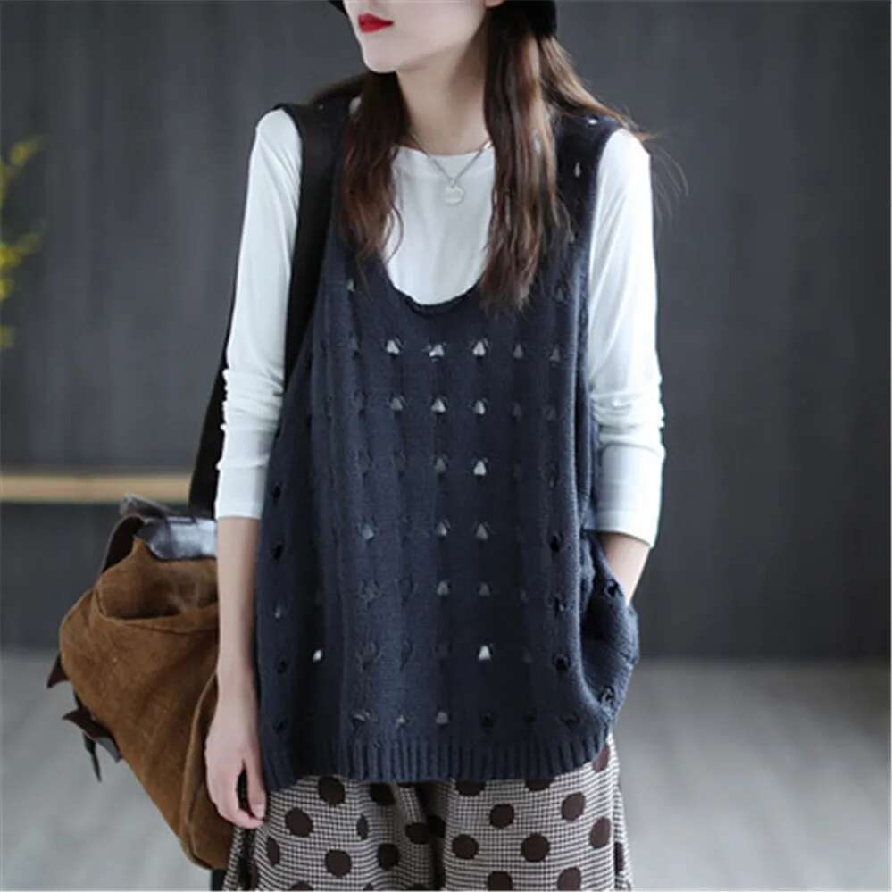Hollow Out Women Loose Sleeveless All Match Female New Knitted Vest Sweater Korean Preppy Style Sweet Girl's Tops