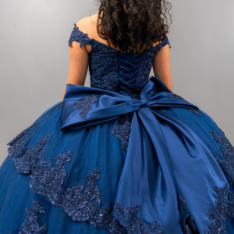 Navy Blue Princess Ball Gown Quinceanera Dresses Off Shoulder Lace Appliques Bow Beads Tull Sweet 16 Dress vestidos de 15 Anos