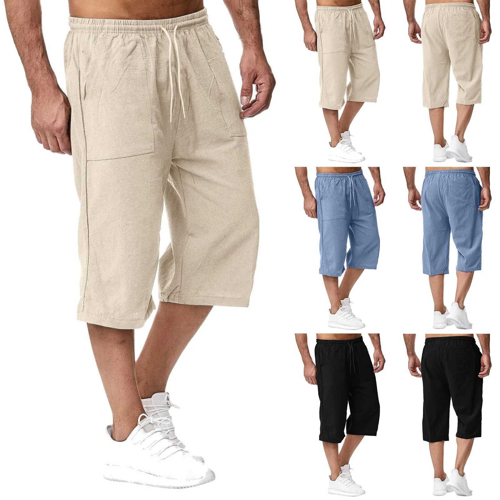 Mens casual shorts solid color sports knee length elastic waist breathable wide leg seven point mens holiday pants W250318