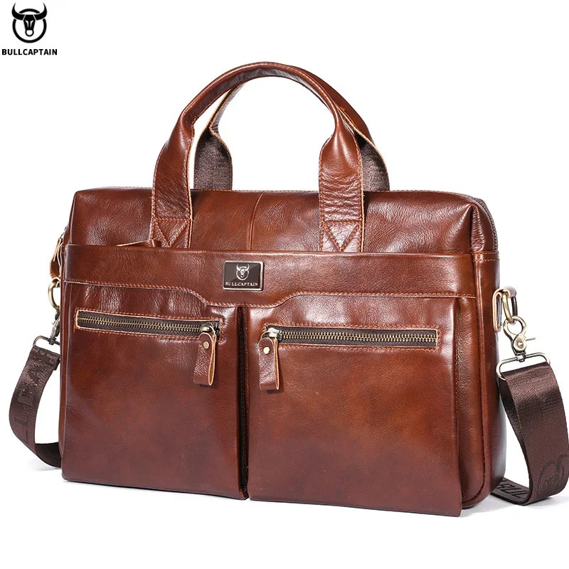 Bullcaptain briefcase shoulder bag mens genuine leather 14 inch laptop handbag office business mens fashionable simple briefcase 250317