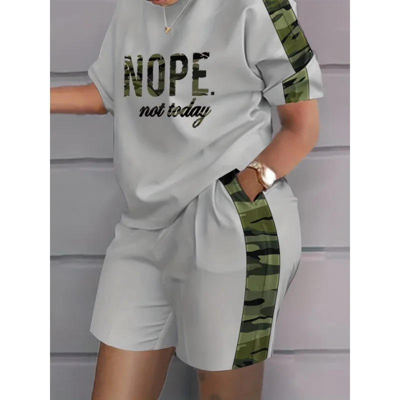 Womens Plus Size Suit Short-sleeved T-shirt Shorts Letter Print Contrast Color Two-piece Outdoor Leisure Sports Training Suit 250318
