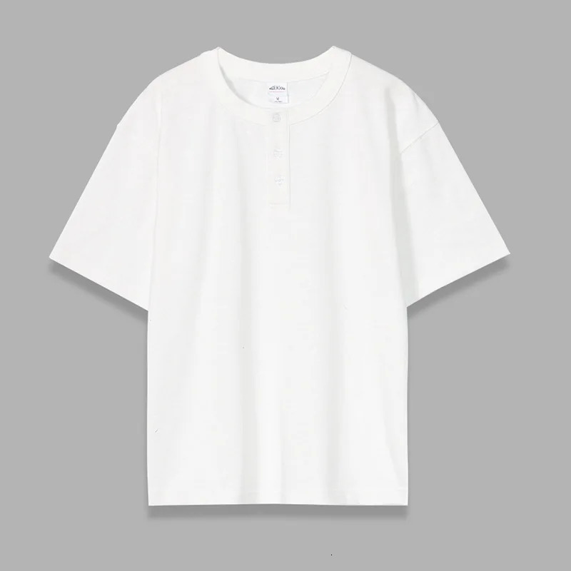 Mens Short Sleeve T-Shirt American Heavyweight 320g Slub Cotton Washed Loose Solid Color Henley Neck Tee Shirts Mens Clothing 250317