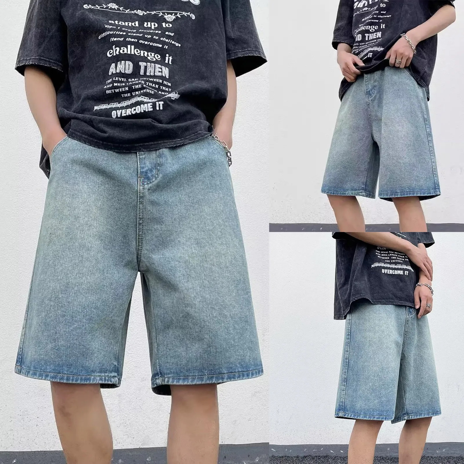 mens summer fashion Y2k denim shorts for teenagers and boys hiphop retro streetwear Bagi high waisted jeans 250317