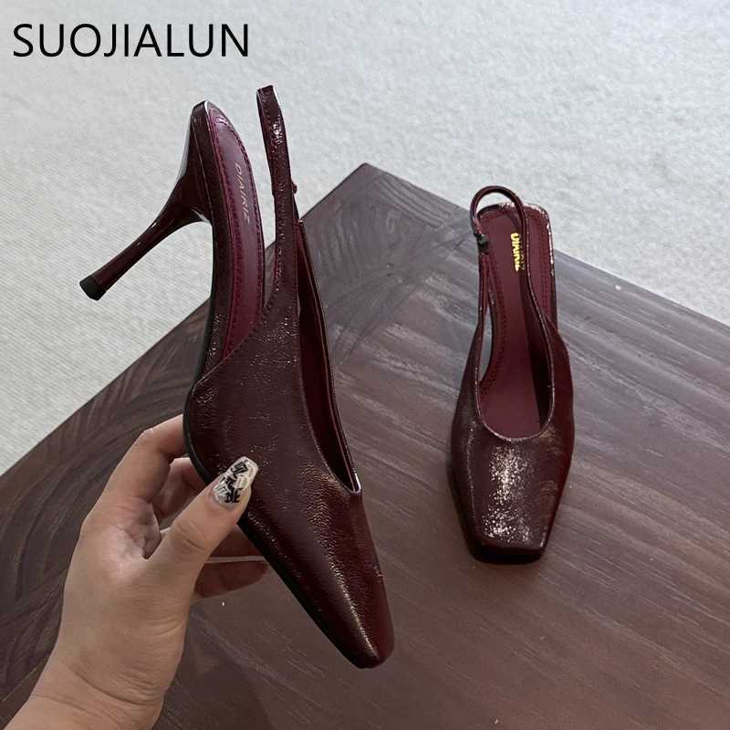 SUOJIALUN 2025 Spring New Sandals Fi Red Square Toe Shallow Smooth Elastic Back Shoes Thin High Heels Dress Pump Y250317