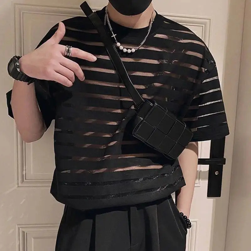 Men T Shirt Mesh Striped O-neck Short Sleeve Transparent Men Clothing Streetwear Sexy Korean Fashion Tee Tops S-5XL INCERUN 250318