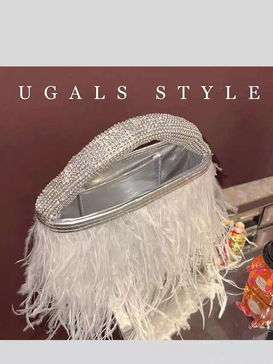 Fashion Ostrich Hair Women's Handbag Glitter Shiny Dia Handle Evening Wedding Party Clutch Purse Shoulder Bag