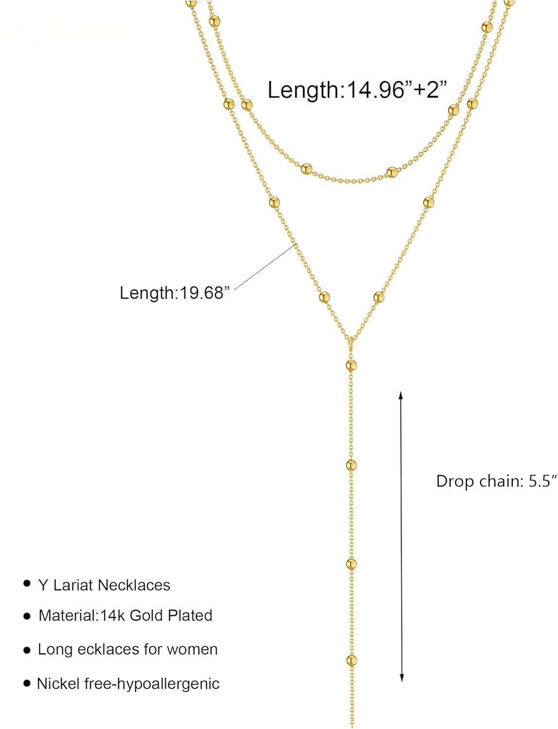 Women's lasso necklace, exquisite long 14k gold-plated/sier Y-shaped fashionable layered cubic zirconia bead pendant necklace simple gold jewelry