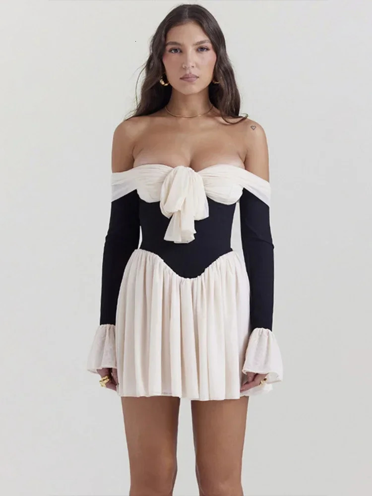 TARUXY Lace Folds Mini Dress For Women Off The Shoulders Bodycon Splice Sexy Dress Womens Clubwear Fashion Slim Dresses Female 250318