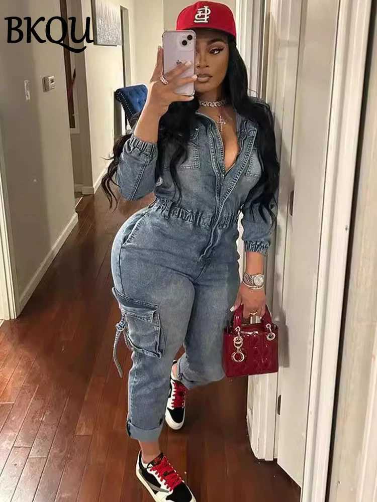 BKQU Denim Cargo Jumpsuit Women Pockets Patchwork Fashion Lapel Zipper Jean Stretch Overalls Playsuit Fall Winter Y2k Strtwear X2503181