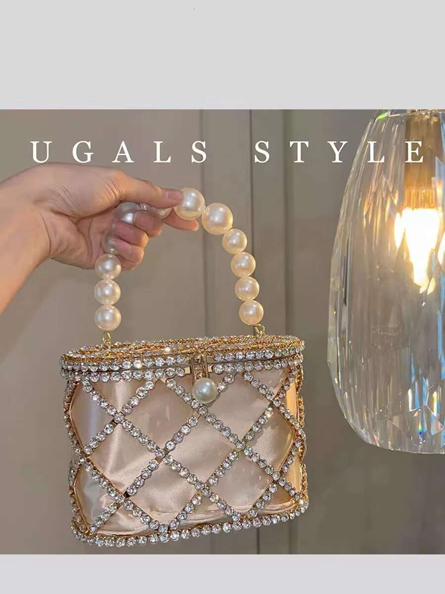 Metal Cage Crystal Dias Evening Hollow Out Pearl Beaded Women's Handbag Wedding Party Clutch Purse Crossbody Bag