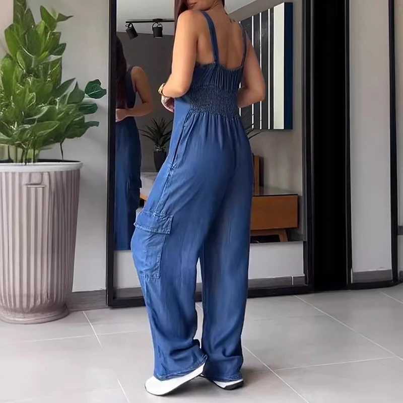 Sexy V-neck imitation denim jumpsuit womens spring clothing pocket straight pants Playsuit jumpsuit summer high waisted backless tight jumpsuit X25031