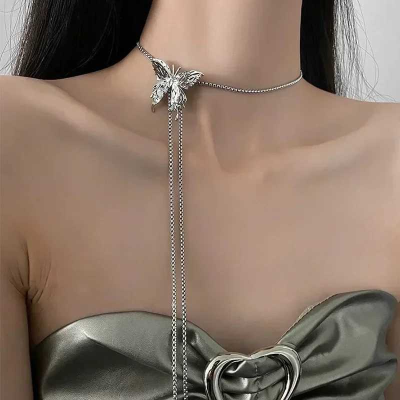Irregular liquid metal butterfly necklace silver butterfly pendant adjustable stainless steel chain punk hip-hop jewelry W250318