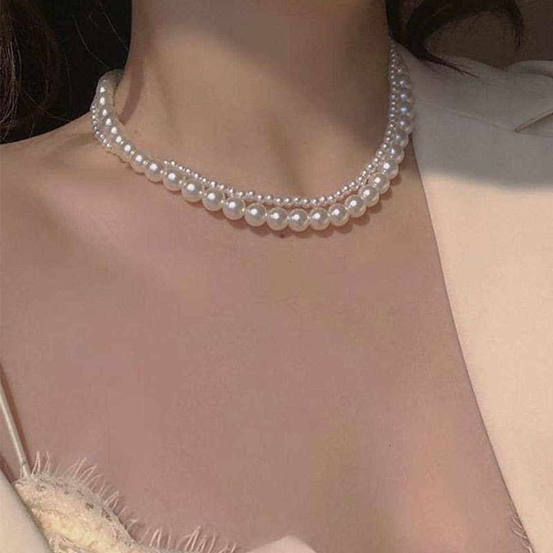Double Layer Long Imitation Pearl Necklace Women's Multi-layer Choker Collarbone Chain Jewelry