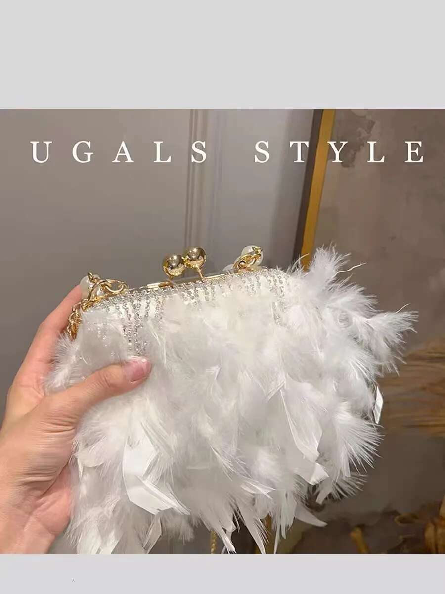 Designer Ostrich Hair Evening Pearl Beading Handle Women's Handbag Wedding Party Clutch Purse Fashion Shoulder Bag