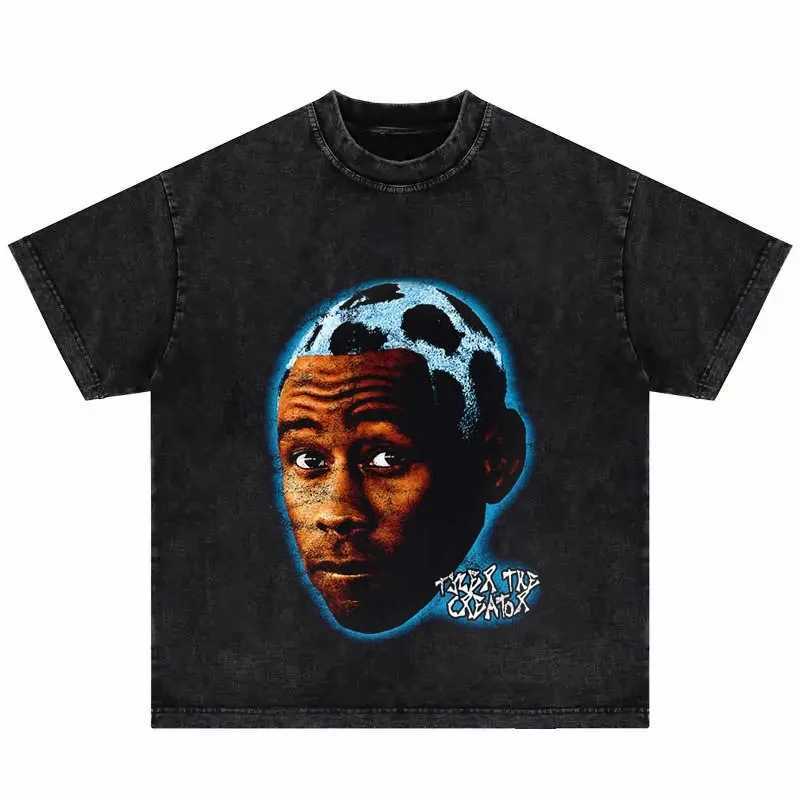 High quality cotton T-shirt vintage hip-hop portrait short sleeved loose mens Harajuku T-shirtT250318